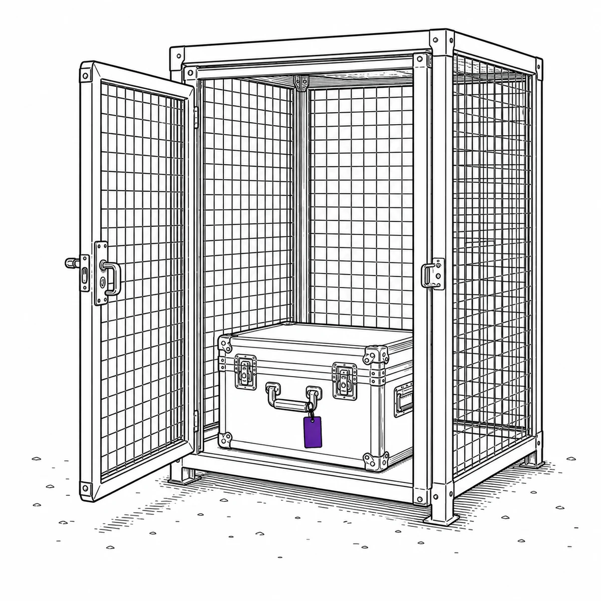 Ink drawing of a wire-mesh storage cage standing ajar with an equipment case just inside, tagged on the handle.