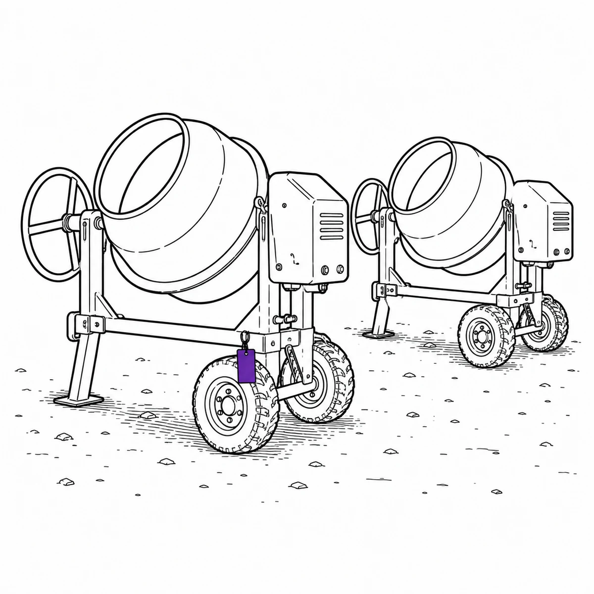Ink drawing of two identical cement mixers standing one behind the other, with an equipment tag on the front one only.