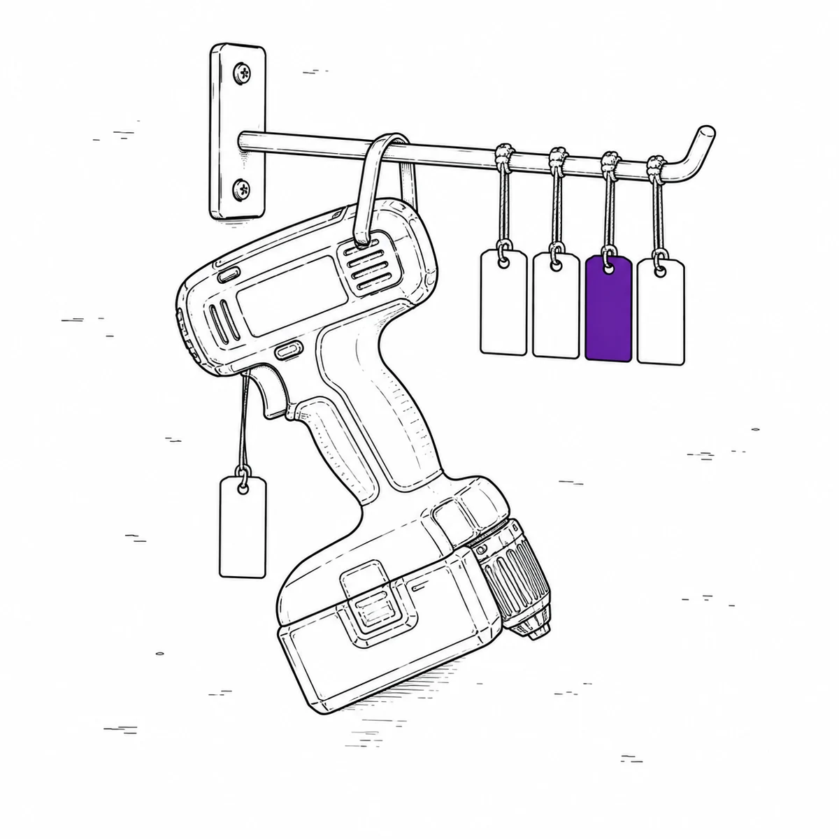 Ink drawing of a cordless drill hanging from a hook beside four tags — one filled in, three left blank.