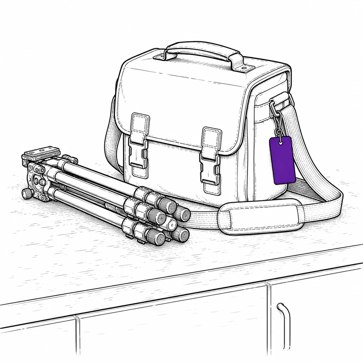 Ink drawing of a folded tripod and a shoulder camera bag on a counter, an equipment tag hanging from the bag strap.