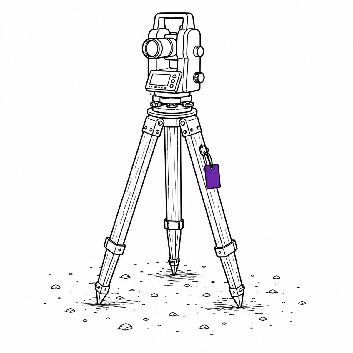 Ink drawing of a surveyor’s theodolite on a tripod standing on rough ground, an equipment tag hanging from one leg.