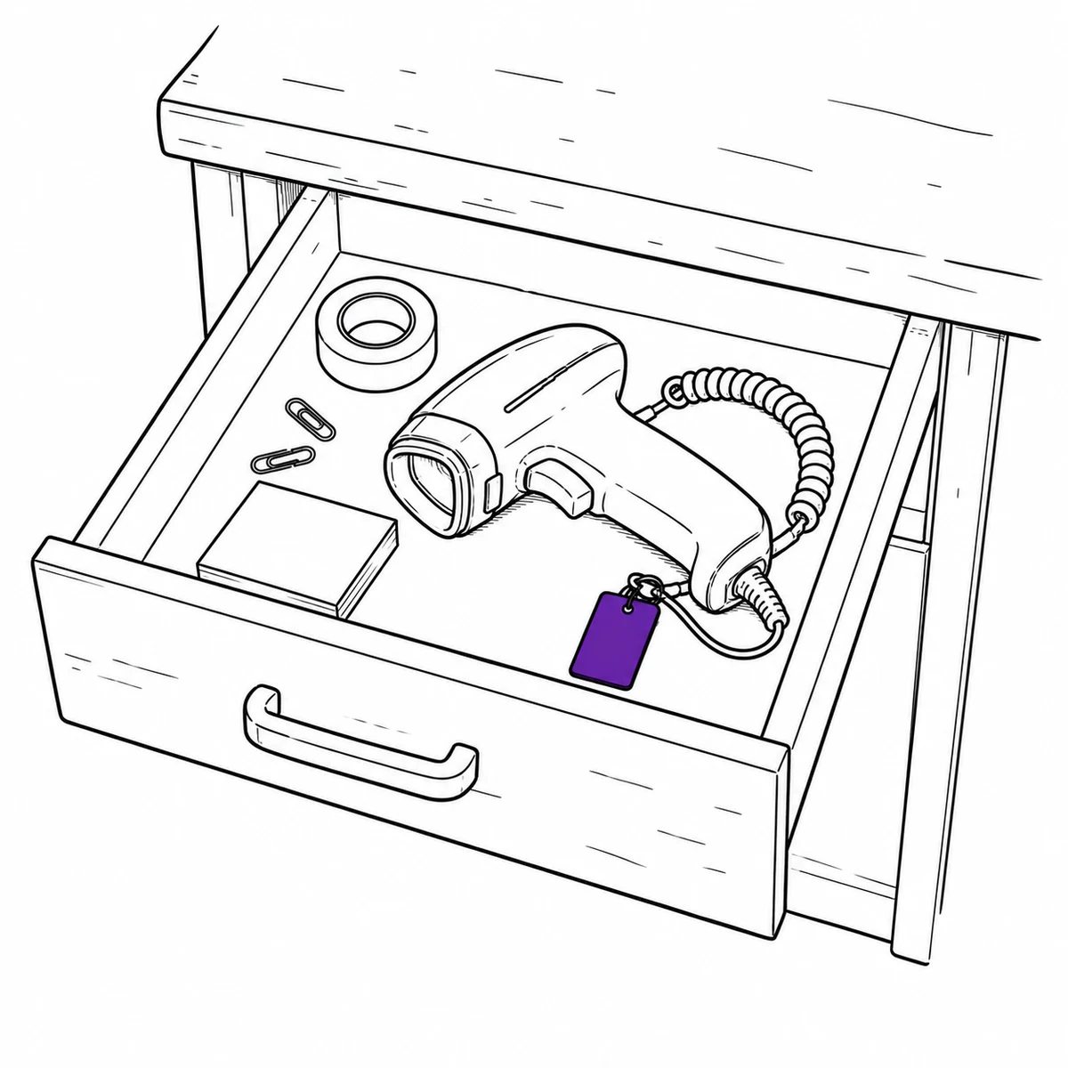 Ink drawing of a handheld barcode scanner lying unused in an open desk drawer, an equipment tag on its cable.