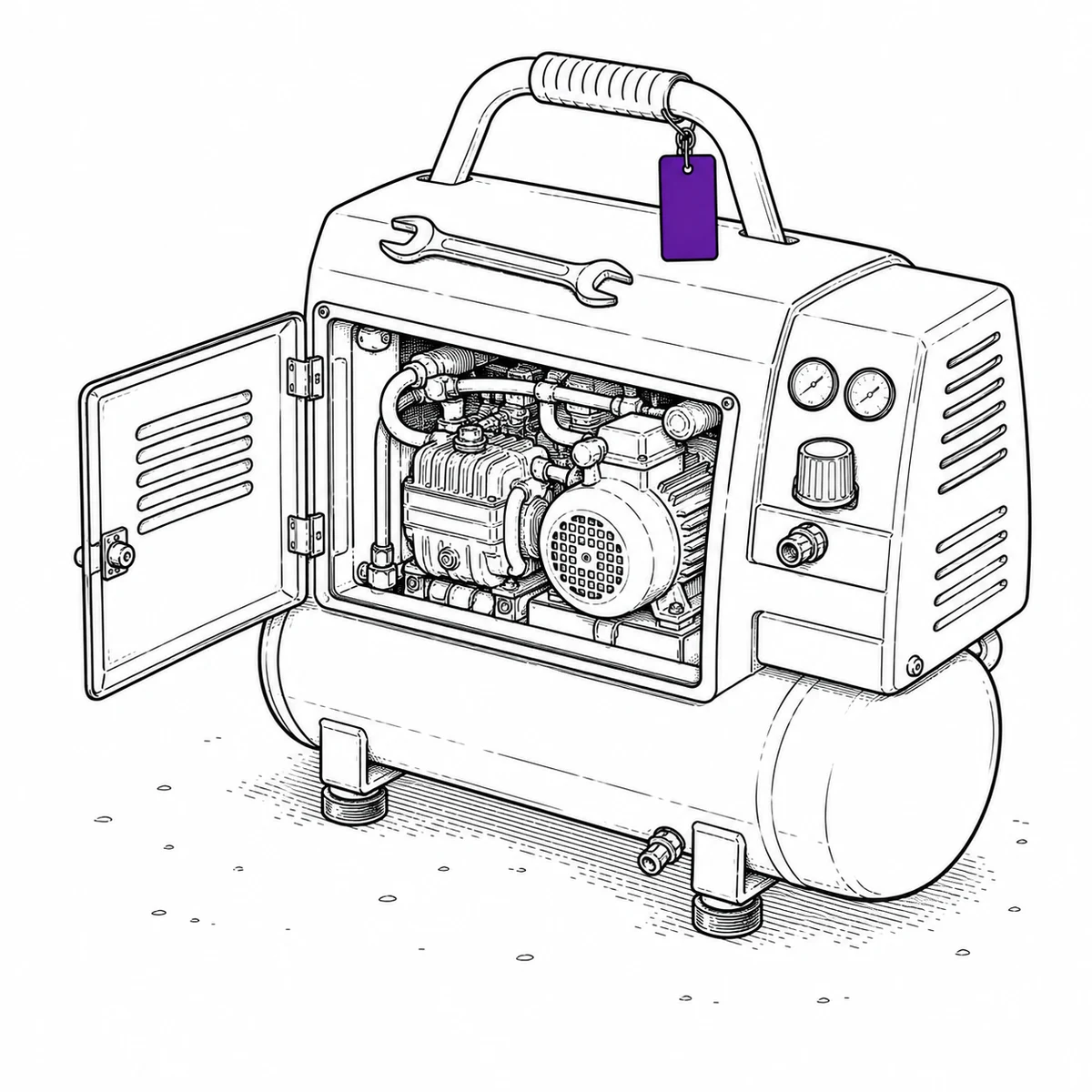 Ink drawing of a compressor with its service panel open and a spanner resting on top, an equipment tag on the handle.