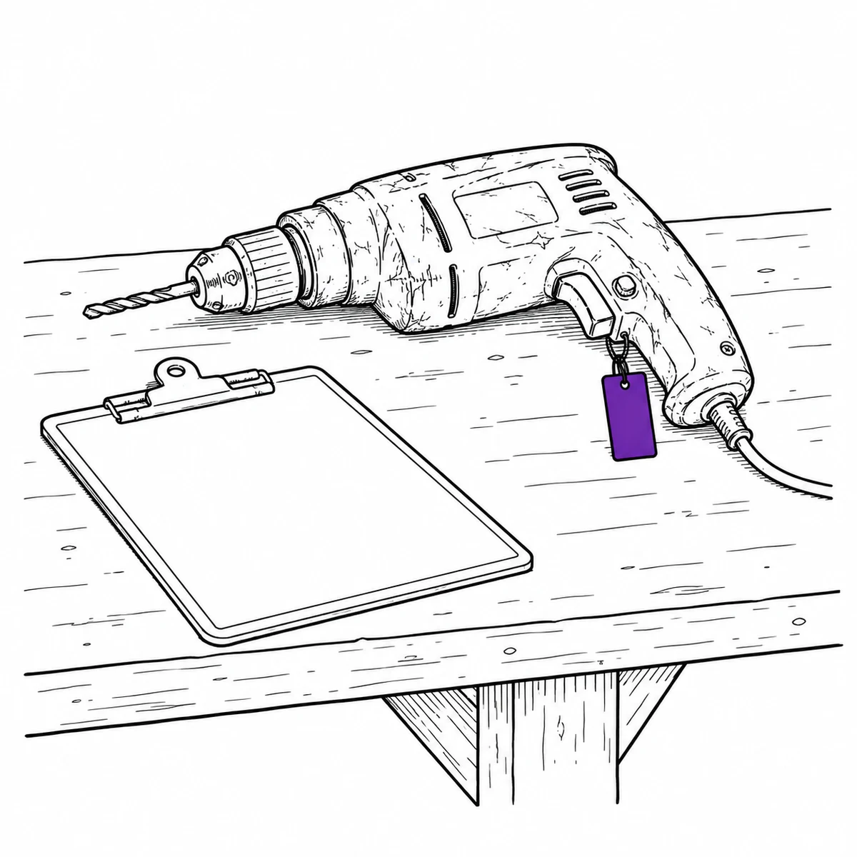 Ink drawing of a well-used drill lying on a workbench beside an empty clipboard, an equipment tag on its handle.