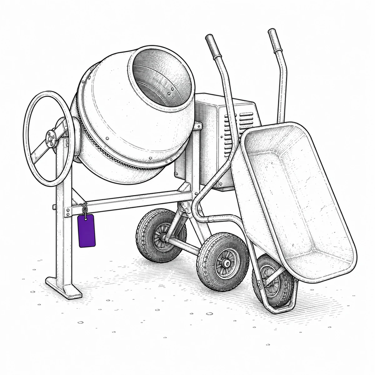 Ink drawing of a cement mixer standing idle with an empty wheelbarrow tipped against it, an equipment tag on the frame.