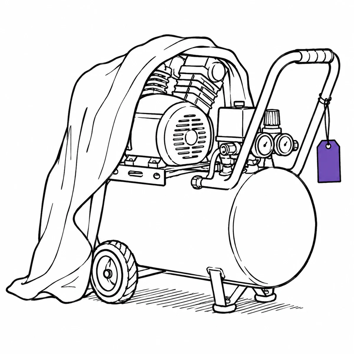 Ink drawing of an air compressor standing under a pulled-back dust sheet, an equipment tag still hanging from its handle.