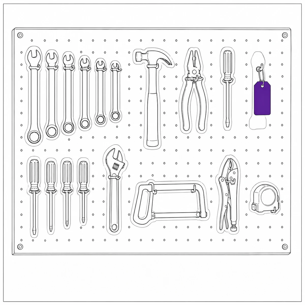 Ink drawing of a shadow board of tool outlines with one outline empty, an equipment tag hanging on the bare hook.