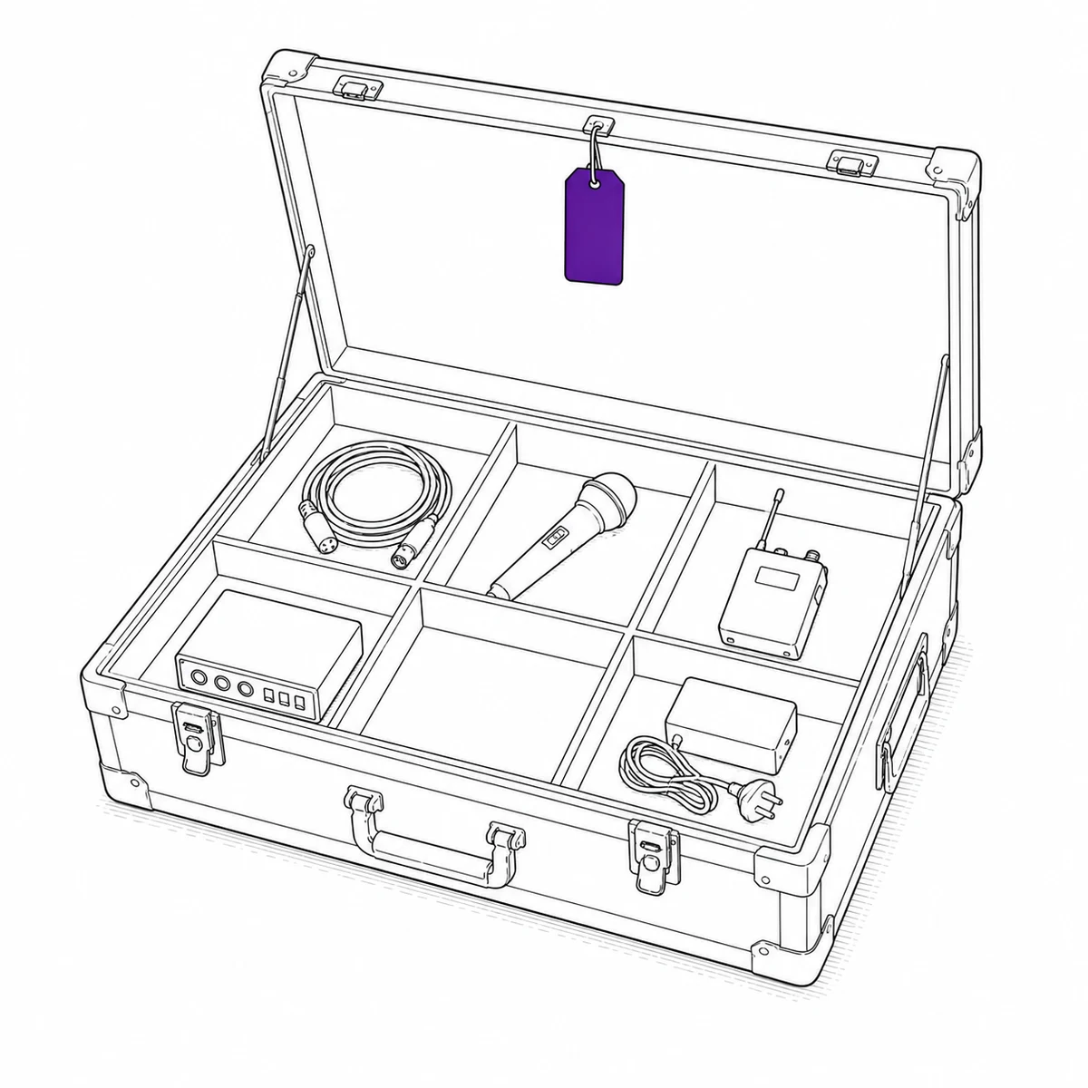 Ink drawing of an open flight case with its compartments filled except one, an equipment tag hanging from the lid.