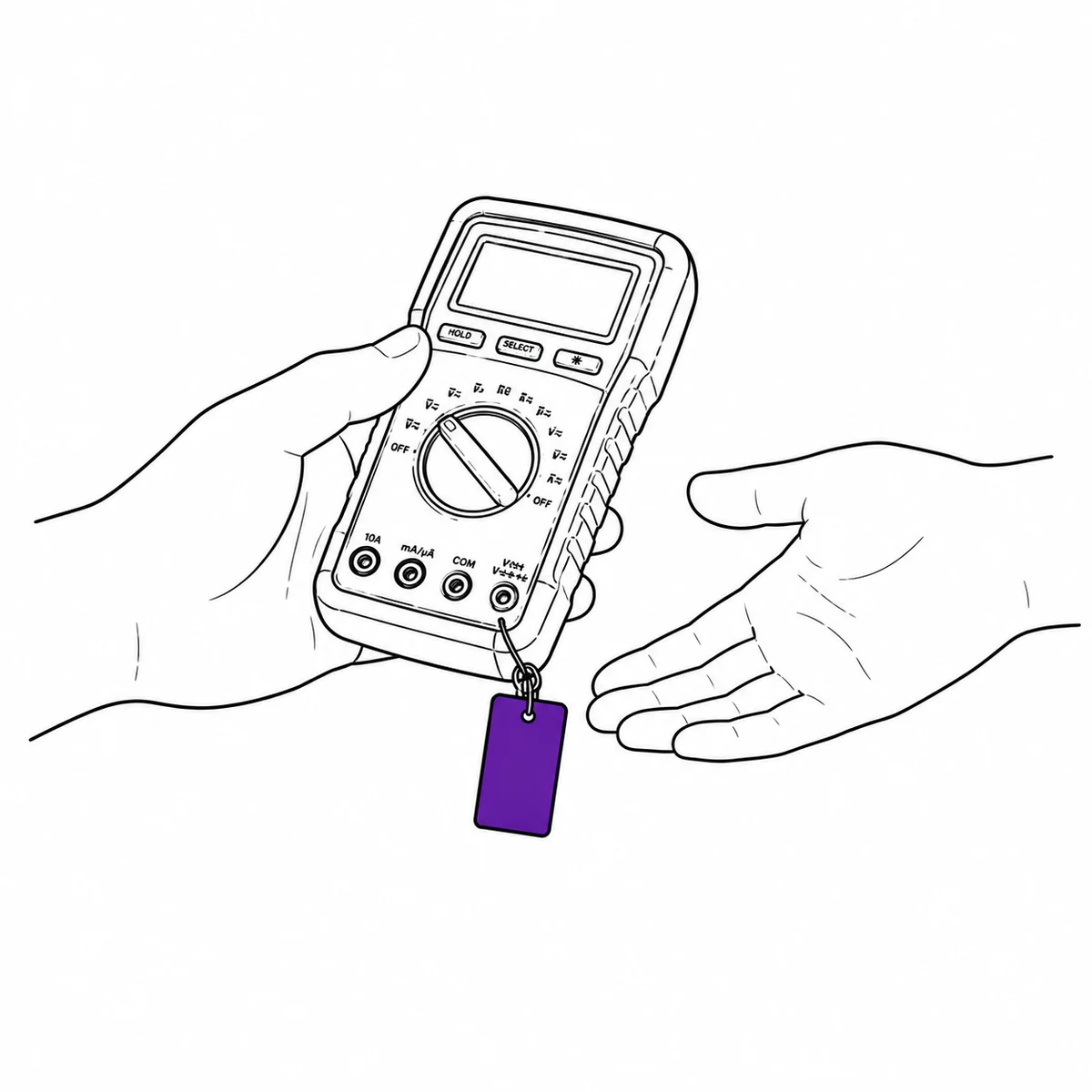 Ink drawing of a handheld test meter being passed between two hands, an equipment tag hanging from it.