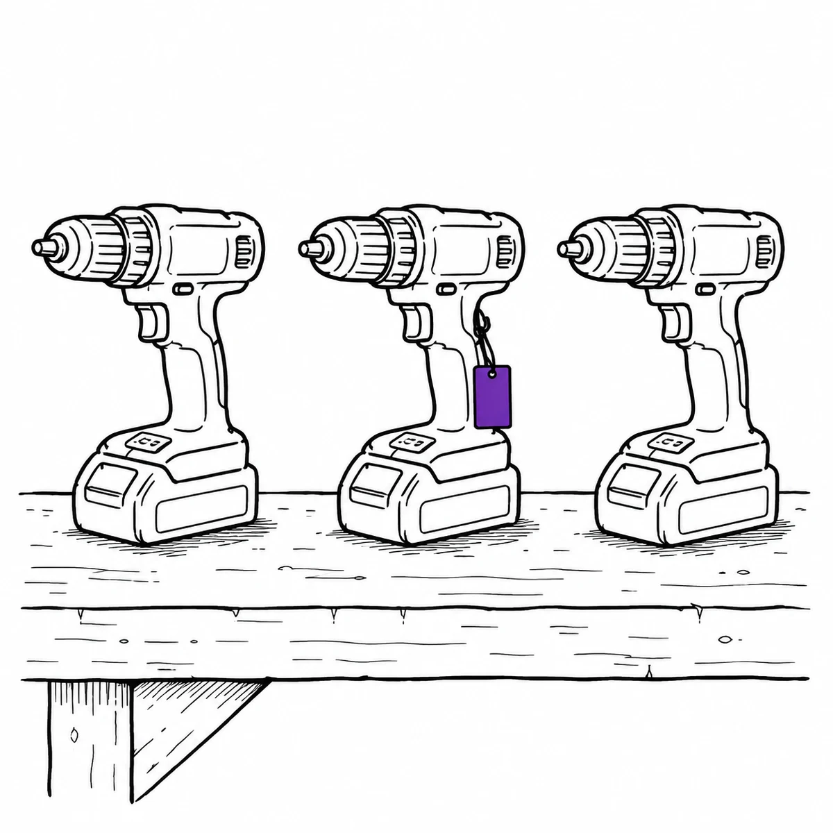 Ink drawing of three identical cordless drills in a row on a workbench, with an equipment tag on only the middle one.