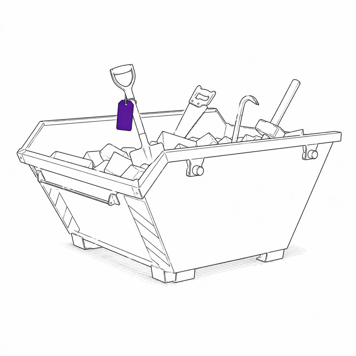 Ink drawing of a builder’s skip with old hand tools sticking out of it, an equipment tag on one tool handle.