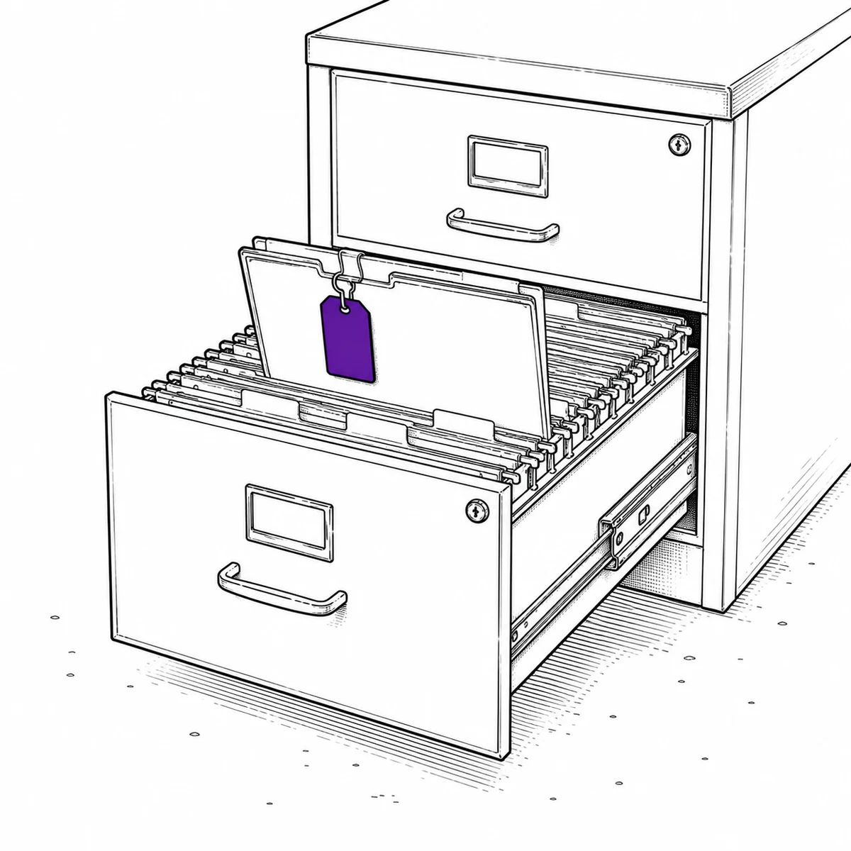 Ink drawing of an open filing drawer of hanging folders with one folder lifted clear, an equipment tag clipped to it.
