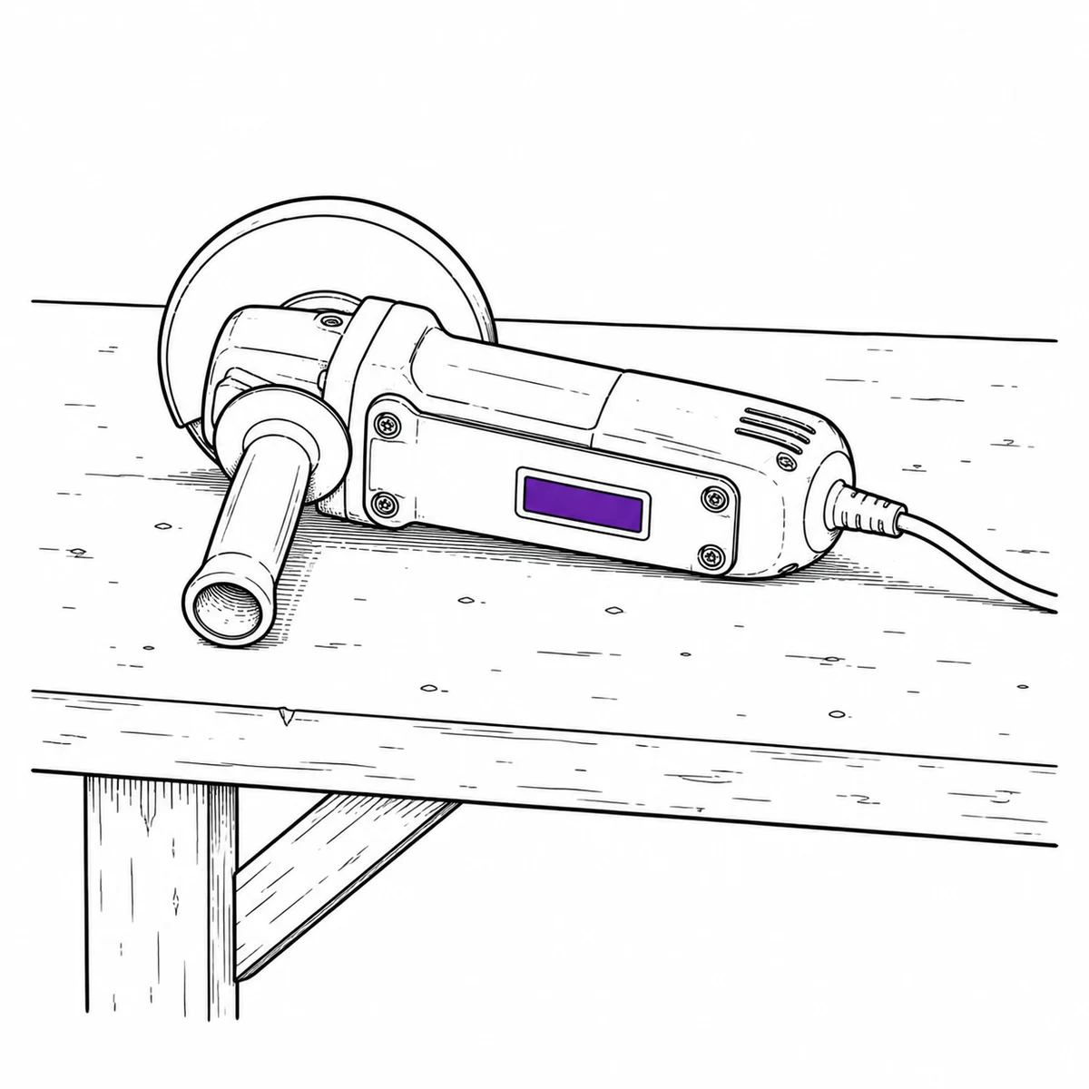 Ink drawing of an angle grinder tipped on its side, its equipment label stuck to the underside where it is hard to see.