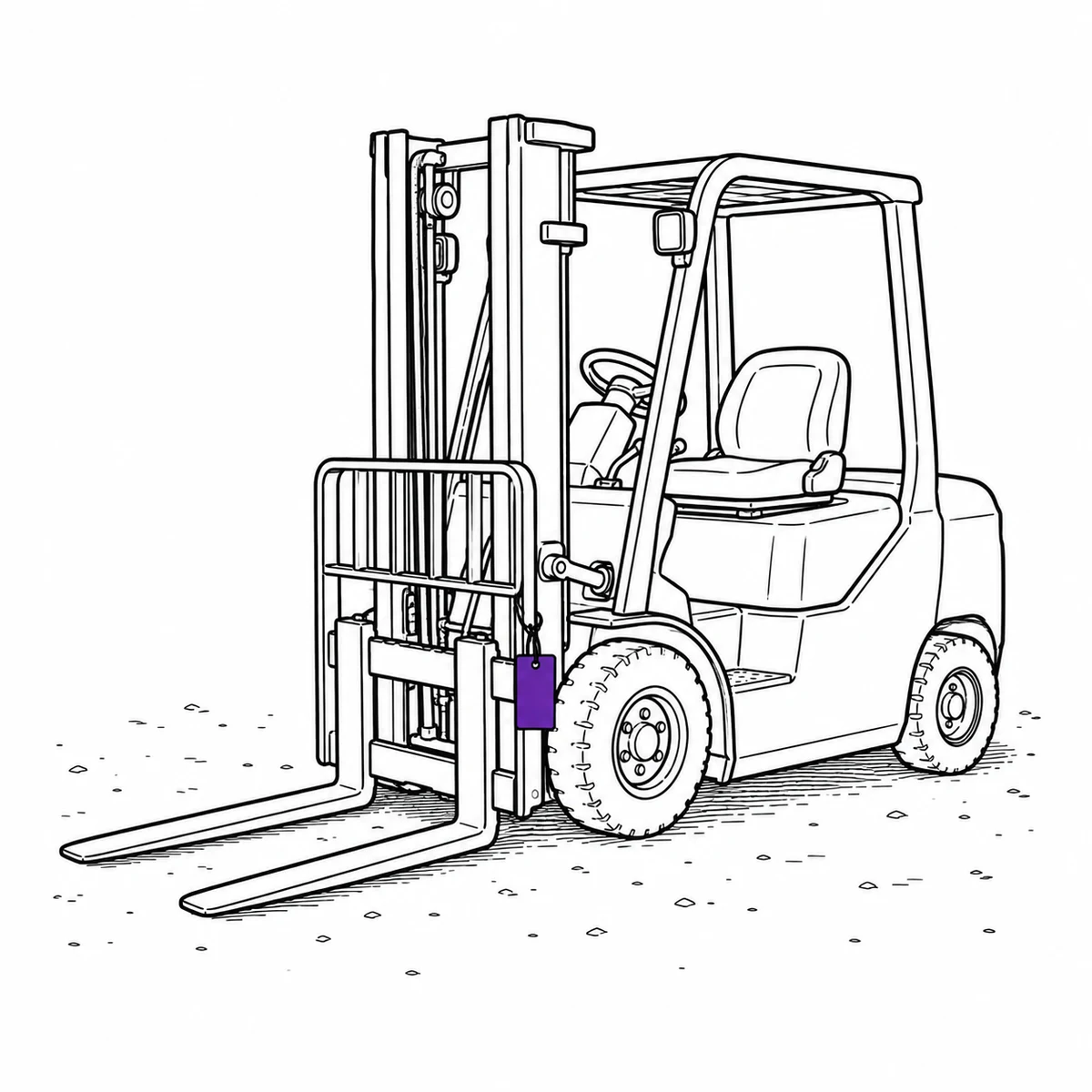 Ink drawing of a small warehouse forklift with its forks lowered, an equipment tag hanging from the mast.