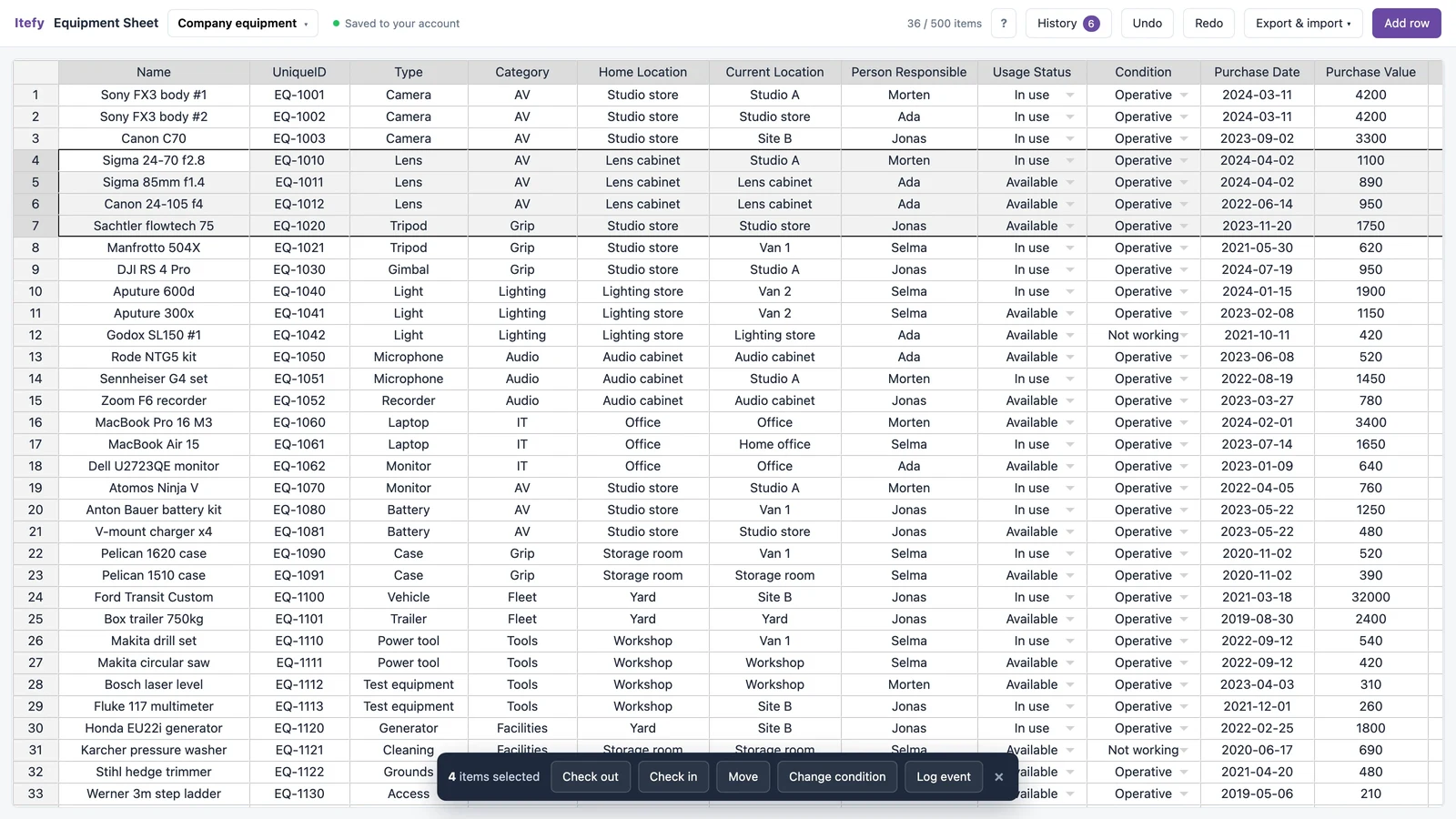 Four rows selected in the sheet, with a bar along the bottom offering Check out, Check in, Move, Change condition and Log event
