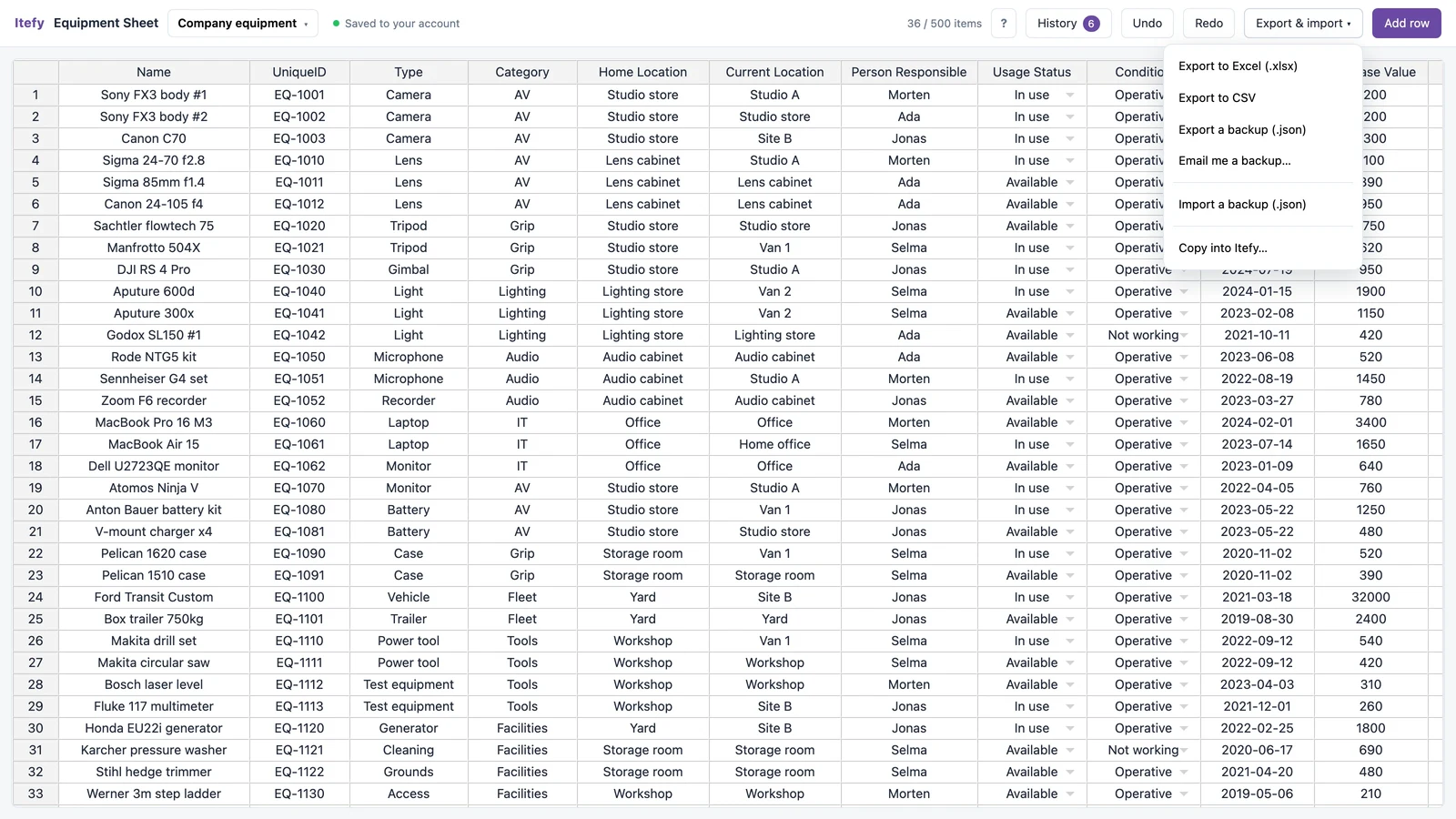The Export and import menu open over the sheet, offering Excel, CSV, a JSON backup, emailing a backup, importing one, and copying the sheet into Itefy