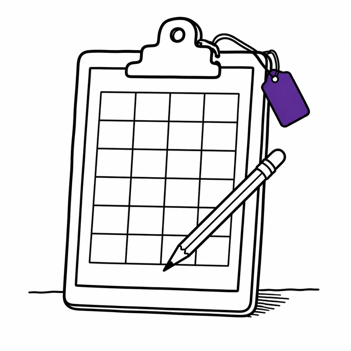 A clipboard holding a printed sheet ruled into an empty grid, with a pencil resting across it