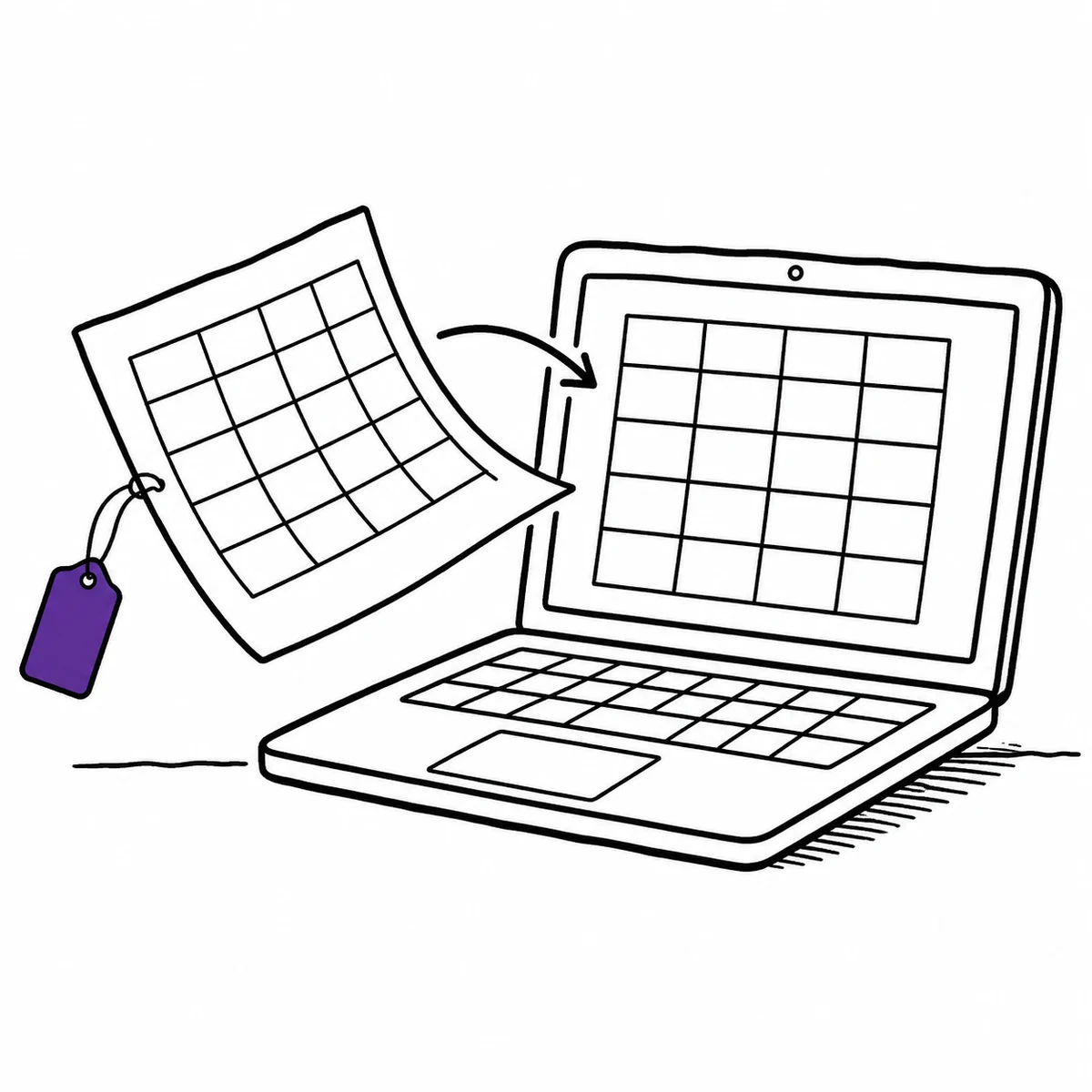 A sheet of paper ruled into a grid sliding into the screen of a laptop showing the same grid
