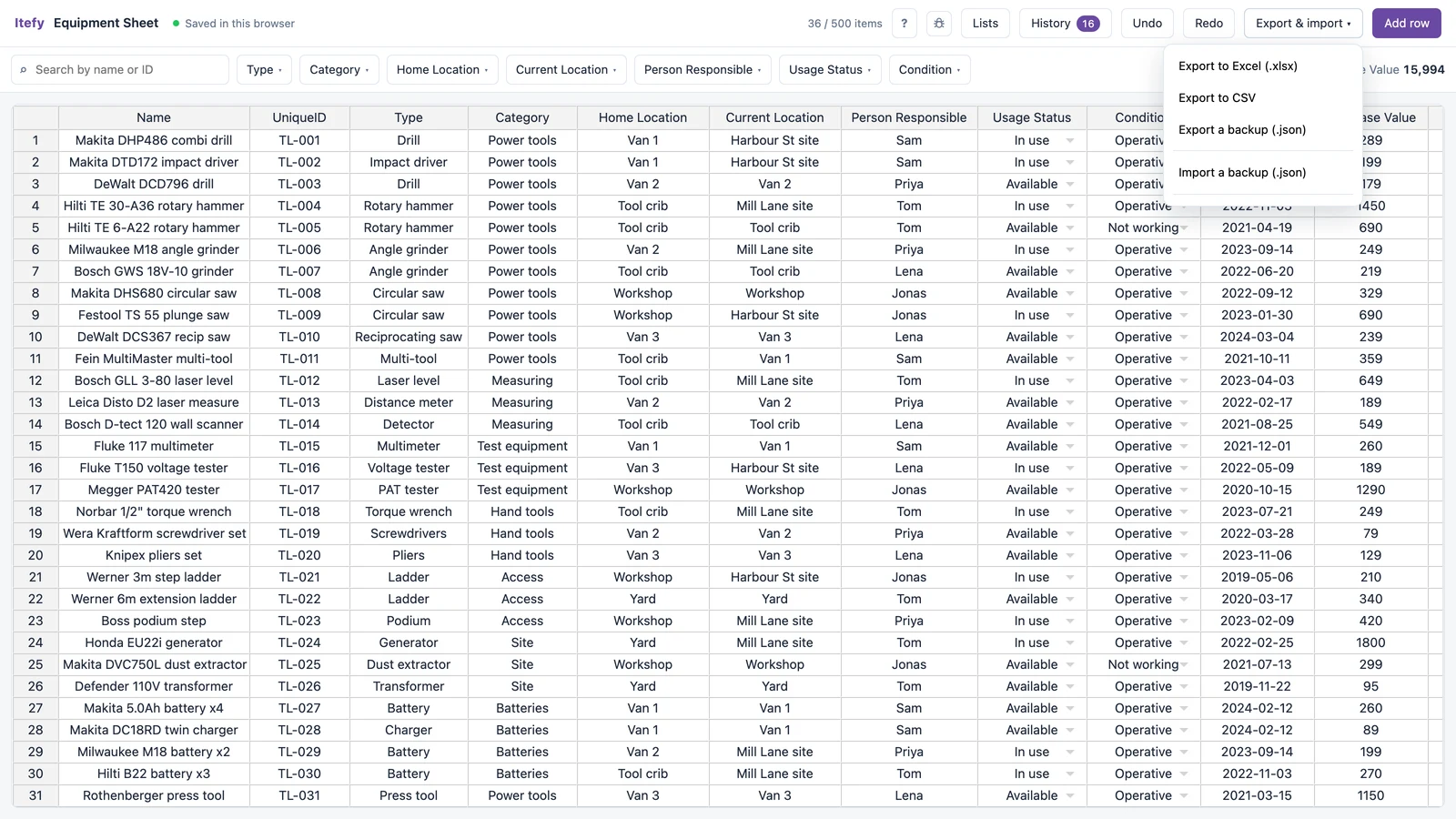 The Export and import menu open over the tool register, offering Excel, CSV, a JSON backup and importing a backup