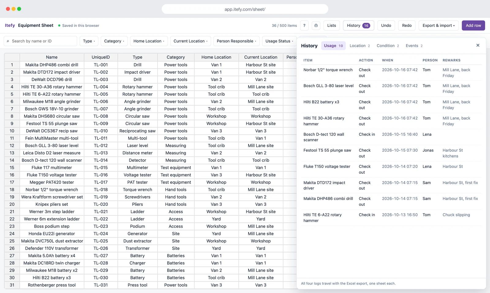 A tool register in the free spreadsheet, with drills, rotary hammers, laser levels and ladders across vans, a tool crib and two job sites, and the history open on the check-outs: who took which tool, when, and for which job
